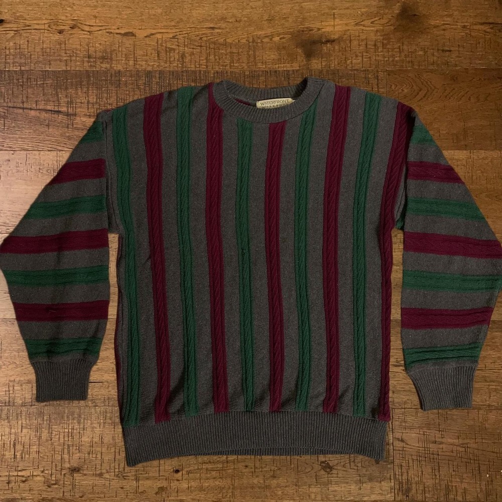 Waterfront Workshop Sweater Mens M Gray Academia Vertical Striped Cable Knit
